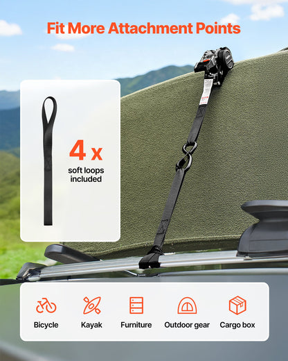 Retractable Ratchet Straps, 25.4 mm x 3 m, Tie Down Straps with S Hooks, 544 kg Break Strength, 4 Soft Loops, V952-SXGJLD1INCH1LTOCP001V0