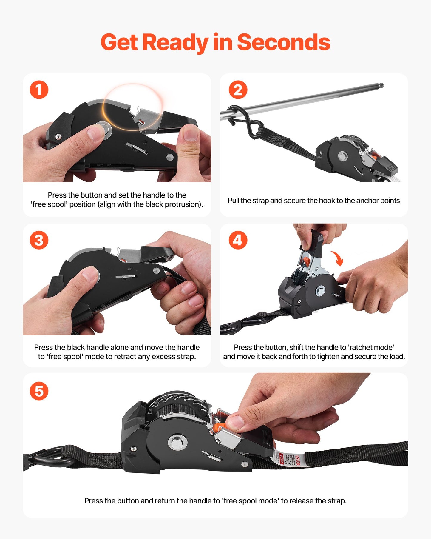 Retractable Ratchet Straps, 25.4 mm x 3 m, Tie Down Straps with S Hooks, 544 kg Break Strength, 4 Soft Loops, V952-SXGJLD1INCH1LTOCP001V0