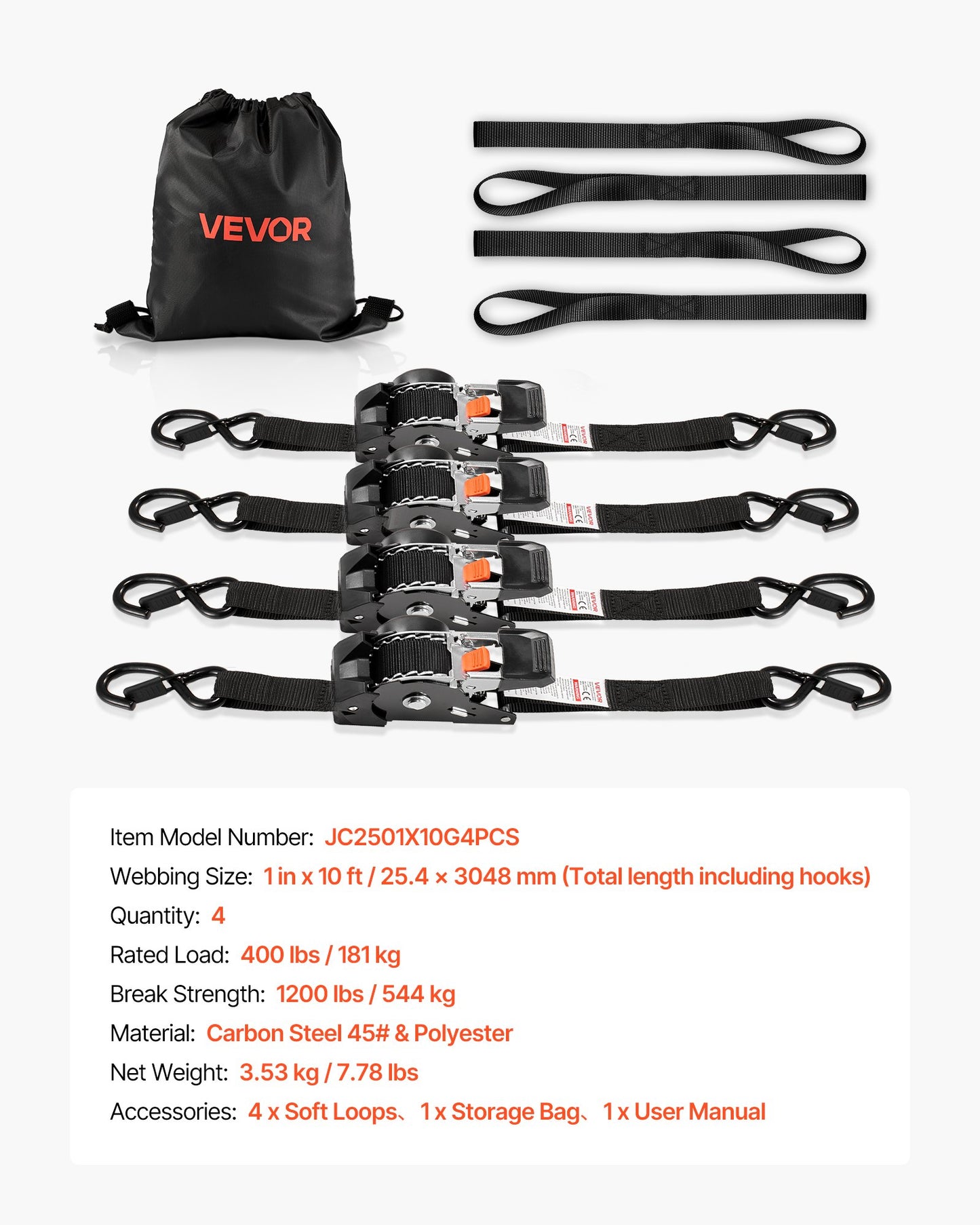 Retractable Ratchet Straps, 25.4 mm x 3 m, Tie Down Straps with S Hooks, 544 kg Break Strength, 4 Soft Loops, V952-SXGJLD1INCH1LTOCP001V0