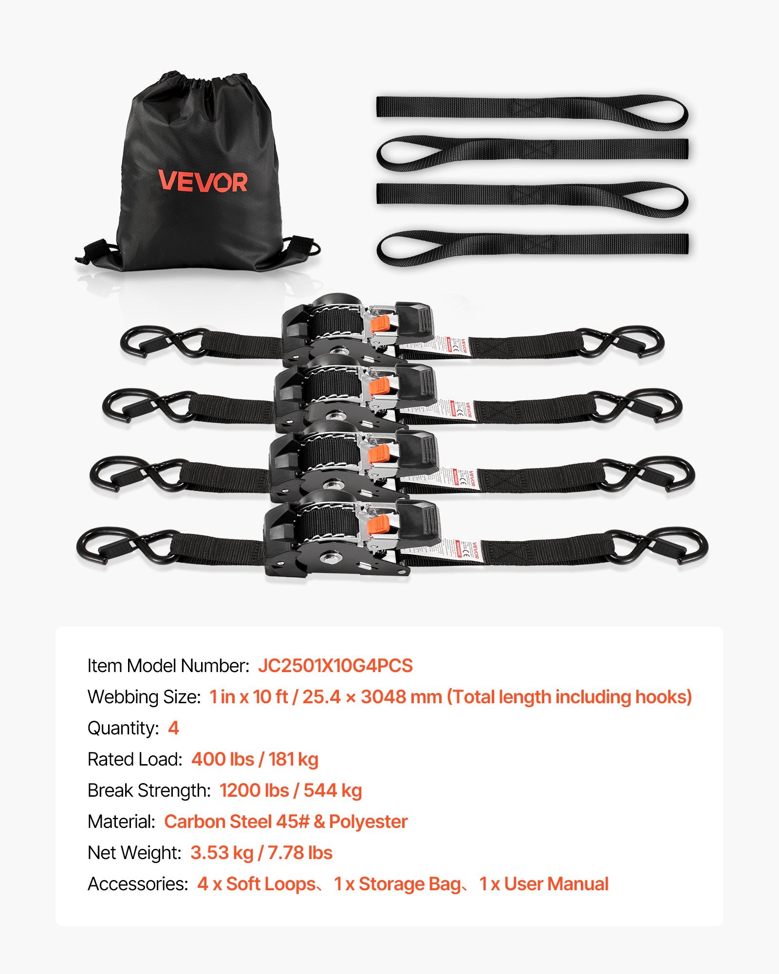 Retractable Ratchet Straps, 25.4 mm x 3 m, Tie Down Straps with S Hooks, 544 kg Break Strength, 4 Soft Loops, V952-SXGJLD1INCH1LTOCP001V0