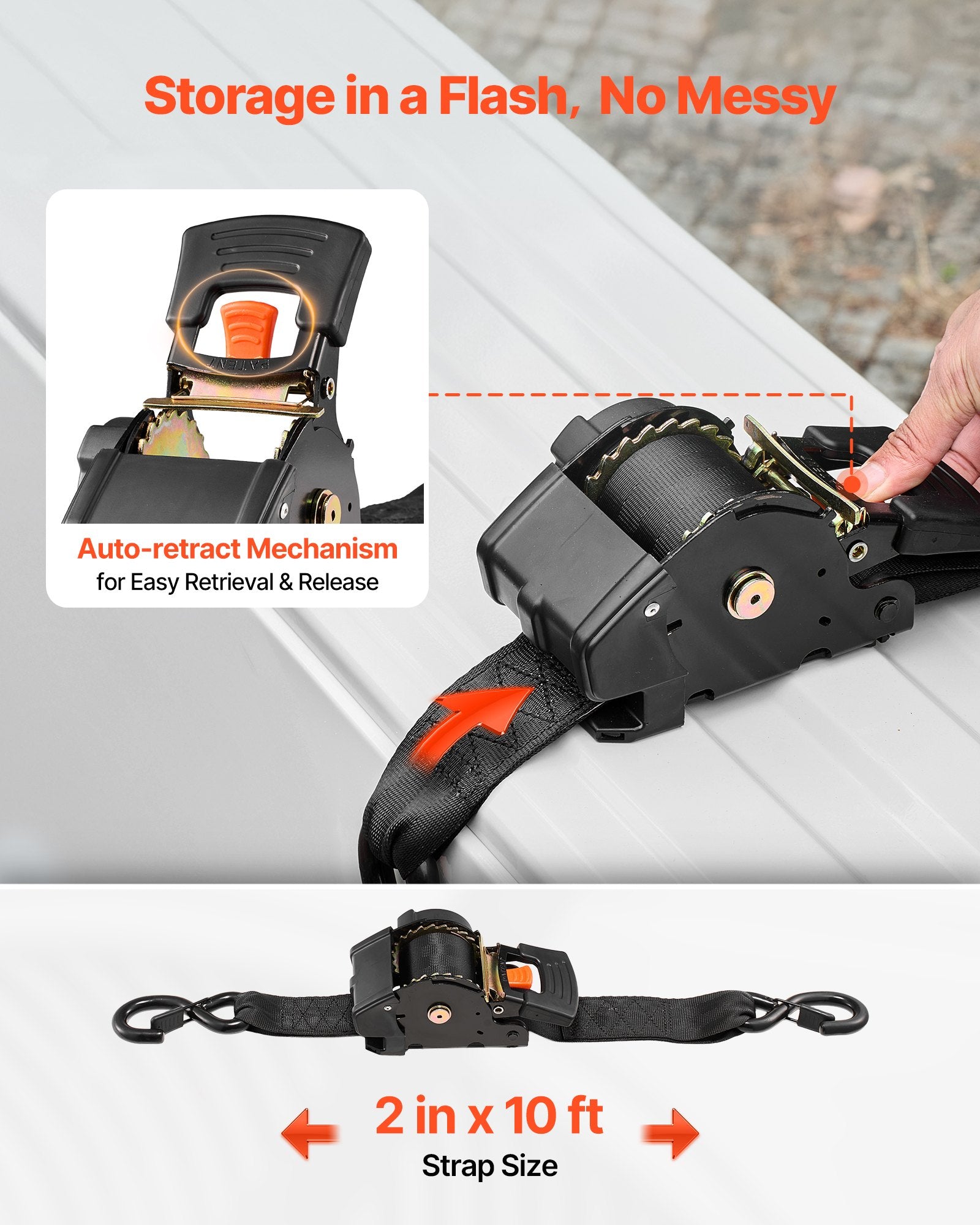 Retractable Ratchet Straps, 50.8 mm x 3 m, Tie Down Straps with S Hooks, 1375 kg Break Strength, 2 Soft V952-SXGJLD2INCH11IDZ4001V0