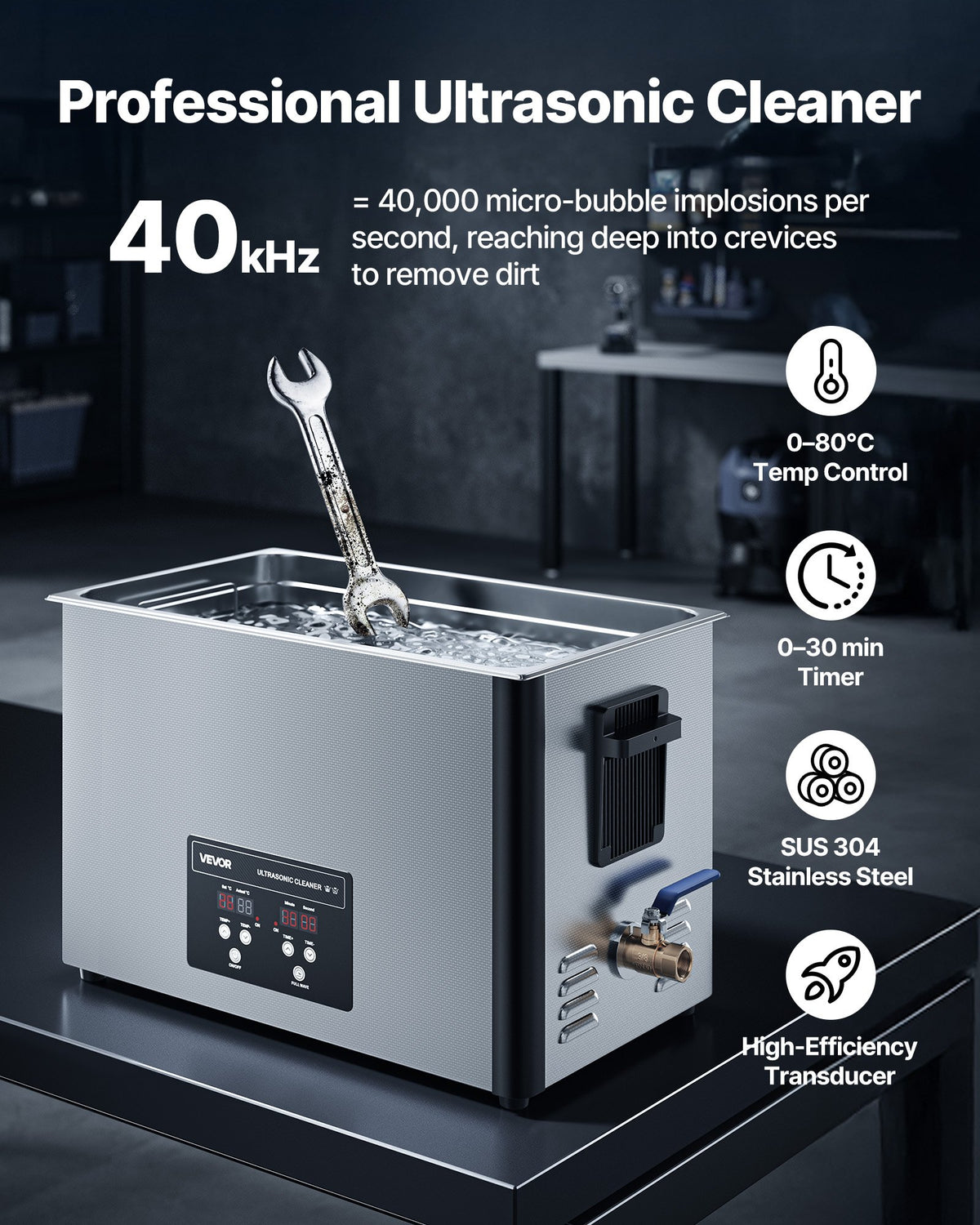30L Ultrasonic Cleaner, Professional Ultrasonic Cleaner Machine with Cleaning Basket & Digital Display, 480W V952-SXJJKCSBQXJ38E4T5001V3