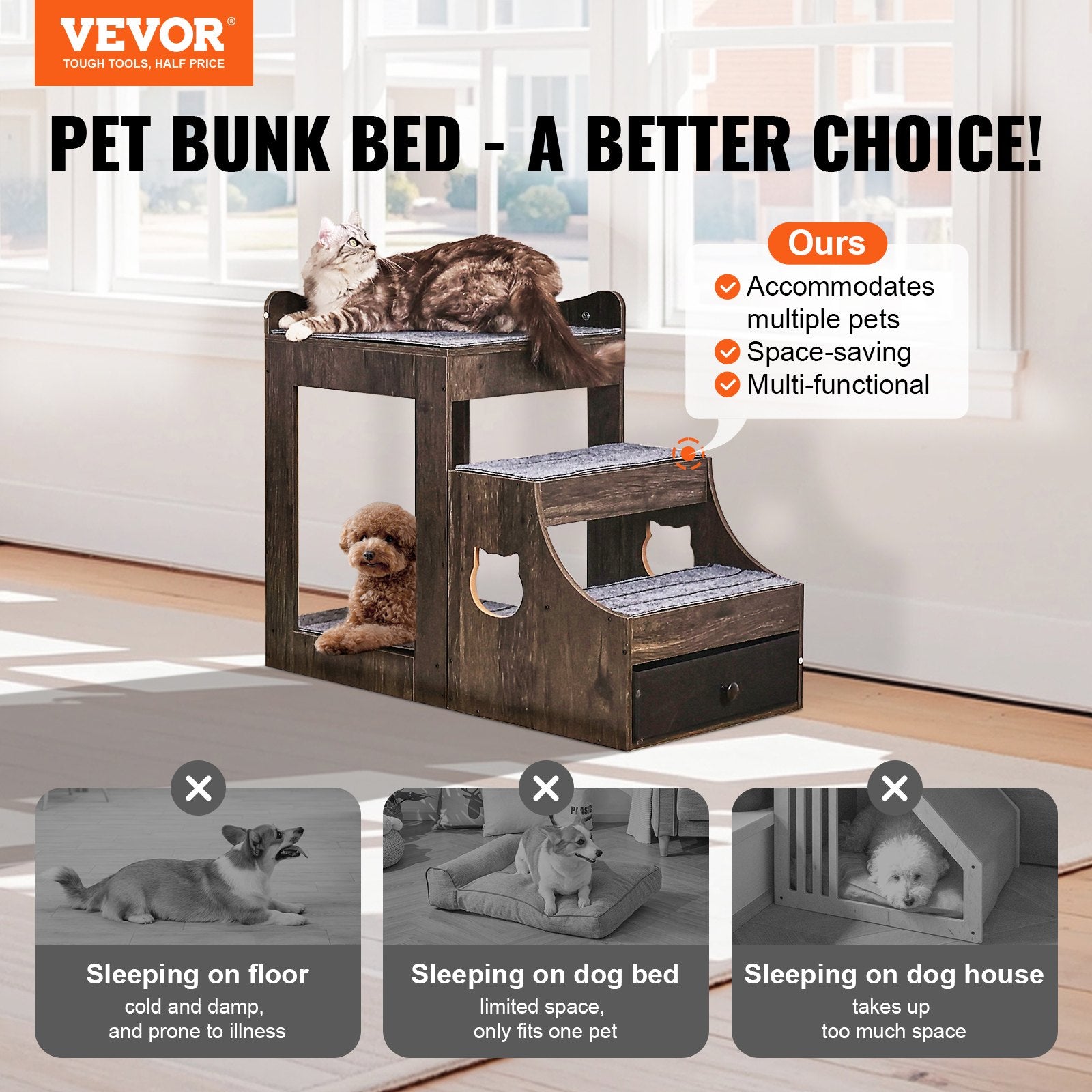 Pet Bunk Bed with Stairs Dog/Cat Window Perch with Storage Indoor Gray V952-SXPSCWSCCHSX8A3BCV0