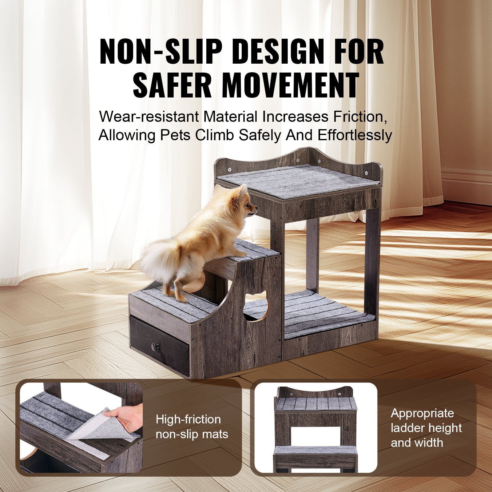 Pet Bunk Bed with Stairs Dog/Cat Window Perch with Storage Indoor Gray V952-SXPSCWSCCHSX8A3BCV0