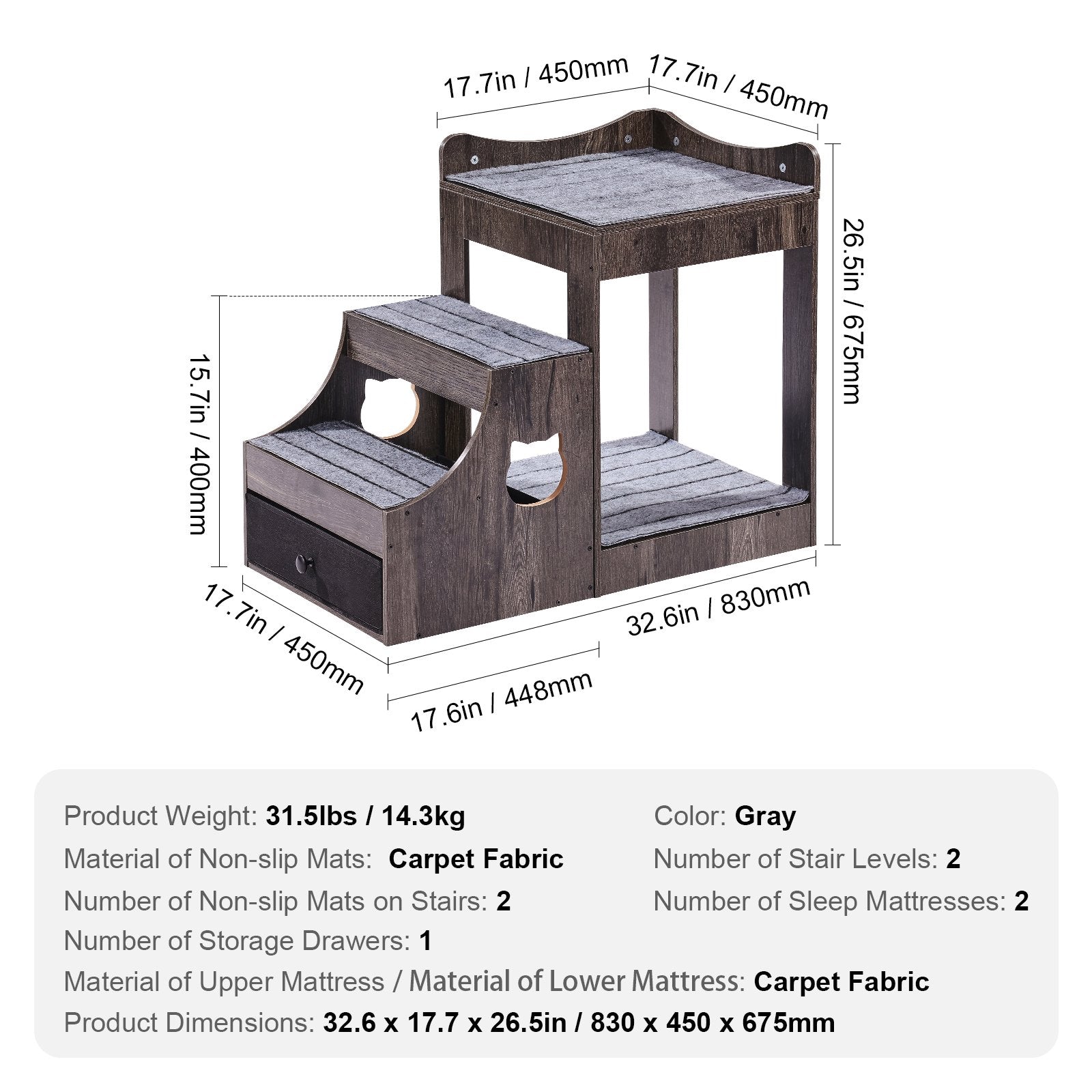 Pet Bunk Bed with Stairs Dog/Cat Window Perch with Storage Indoor Gray V952-SXPSCWSCCHSX8A3BCV0