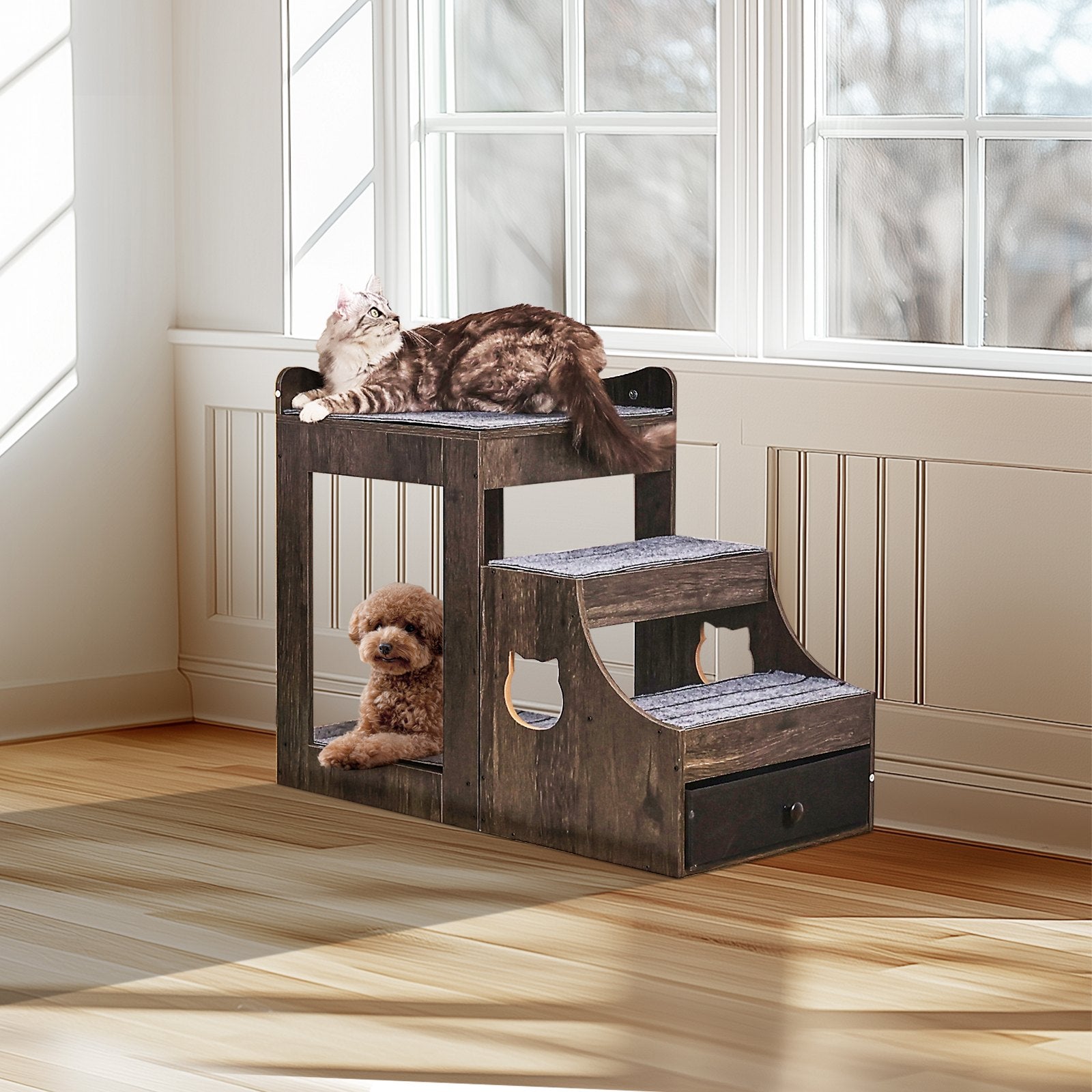Pet Bunk Bed with Stairs Dog/Cat Window Perch with Storage Indoor Gray V952-SXPSCWSCCHSX8A3BCV0