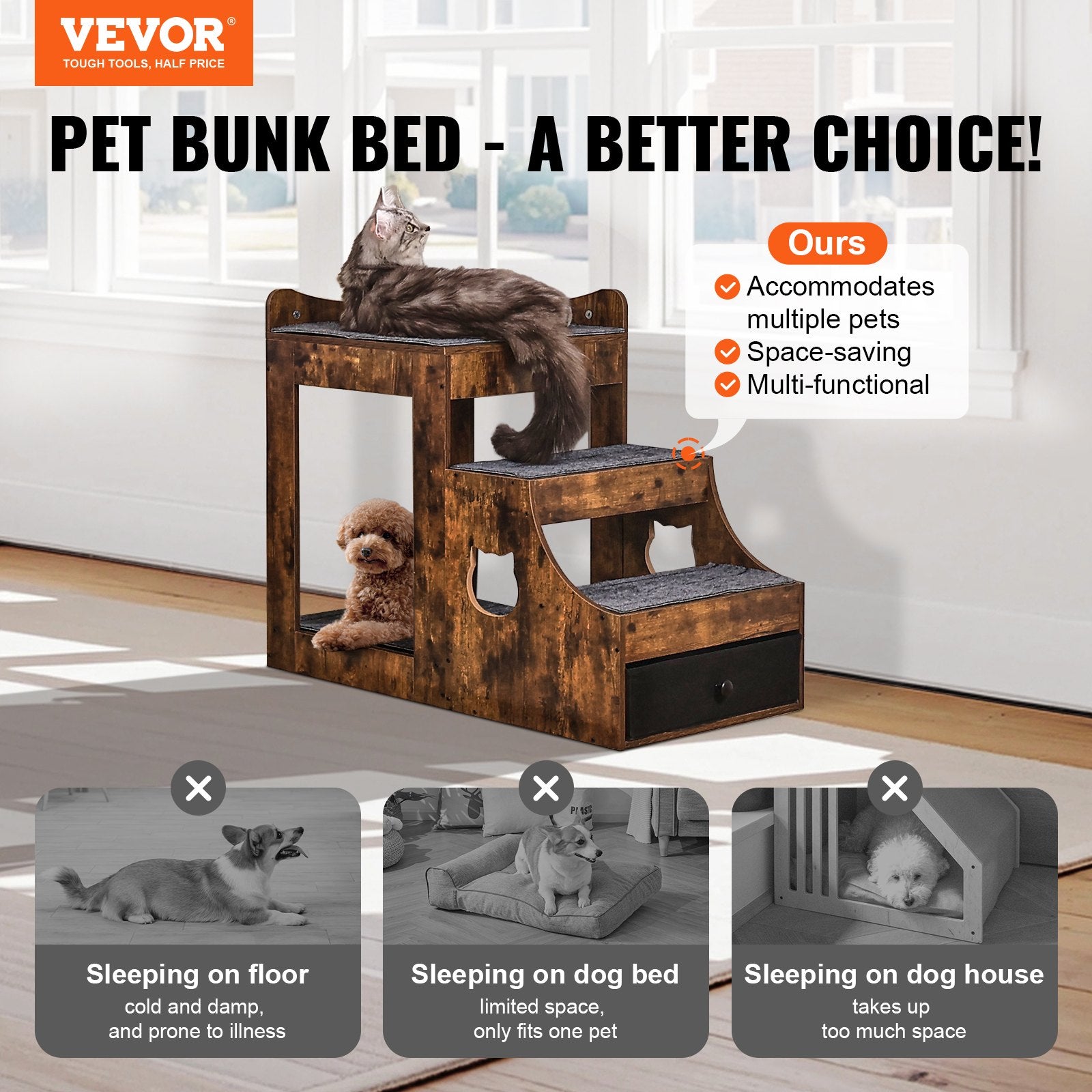 Pet Bunk Bed with Stairs Dog/Cat Window Perch with Storage Indoor Brown V952-SXPSCWSCCZSXMPZCPV0