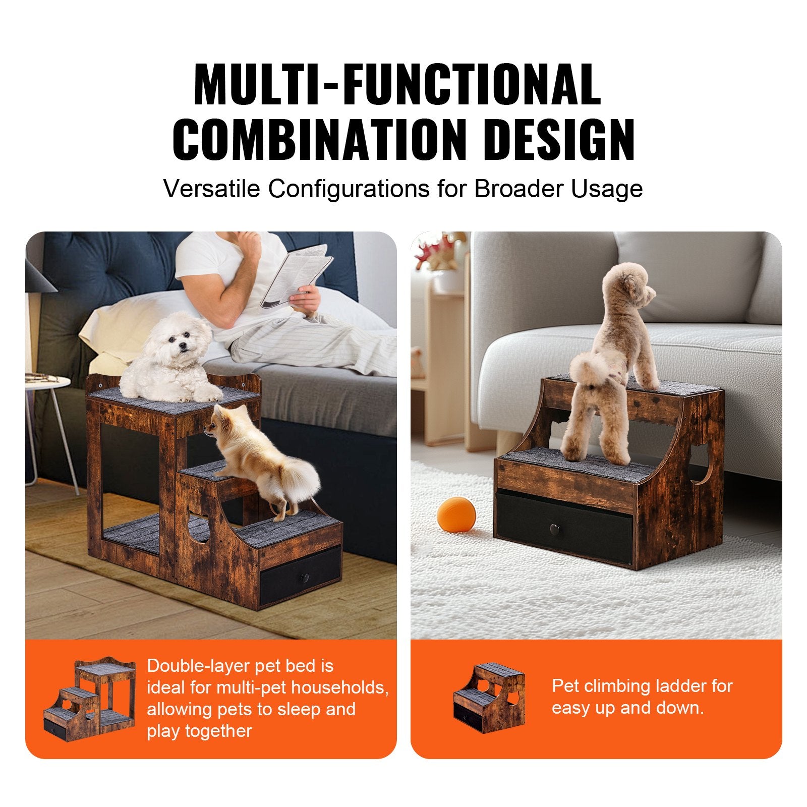 Pet Bunk Bed with Stairs Dog/Cat Window Perch with Storage Indoor Brown V952-SXPSCWSCCZSXMPZCPV0