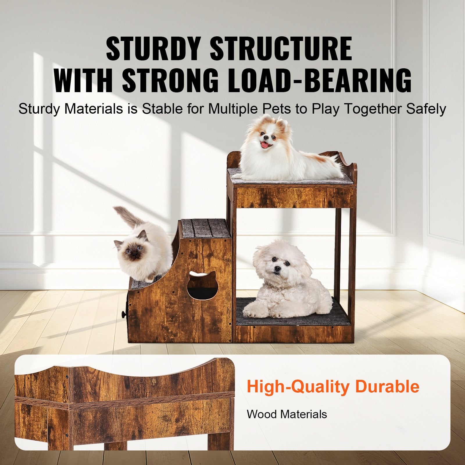 Pet Bunk Bed with Stairs Dog/Cat Window Perch with Storage Indoor Brown V952-SXPSCWSCCZSXMPZCPV0