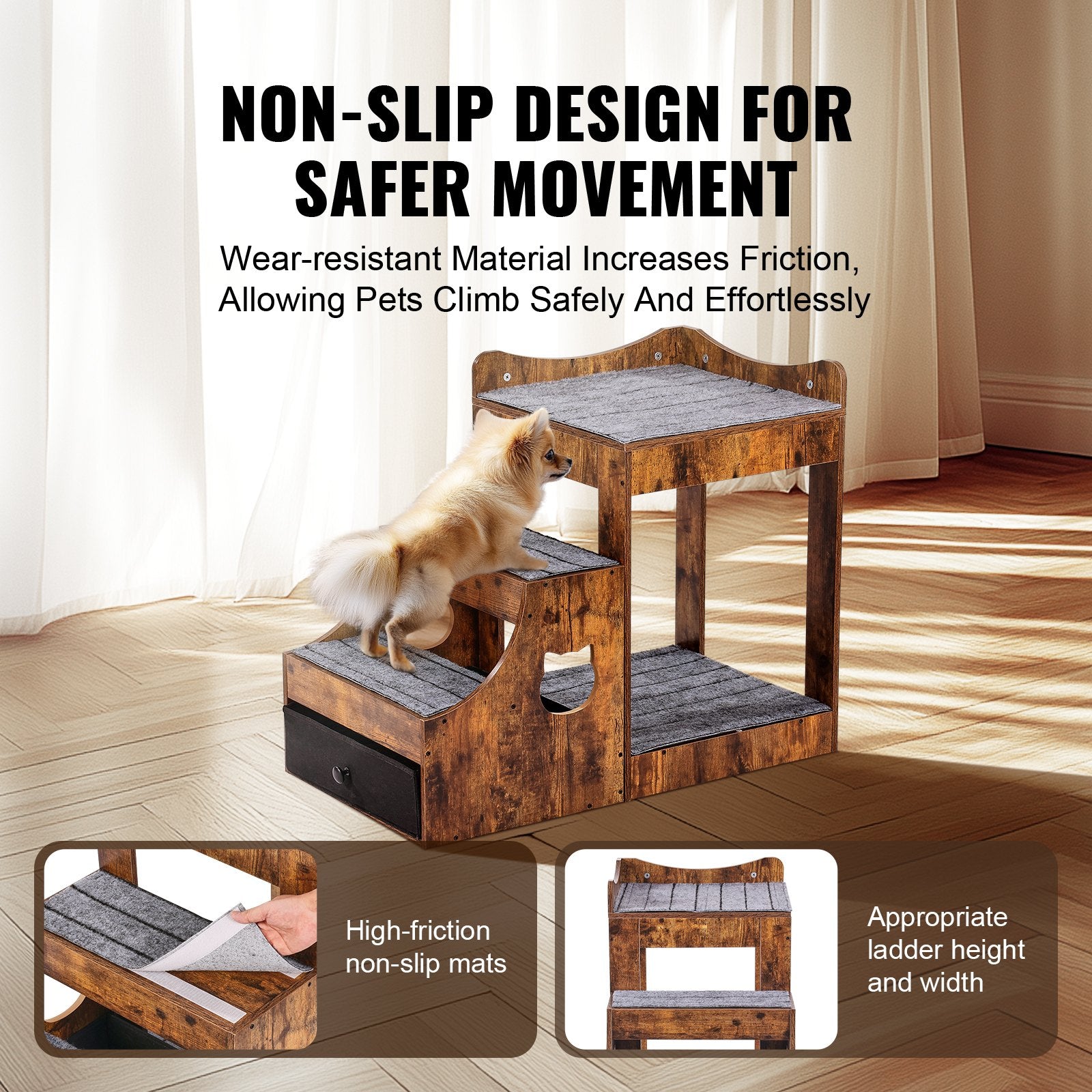 Pet Bunk Bed with Stairs Dog/Cat Window Perch with Storage Indoor Brown V952-SXPSCWSCCZSXMPZCPV0