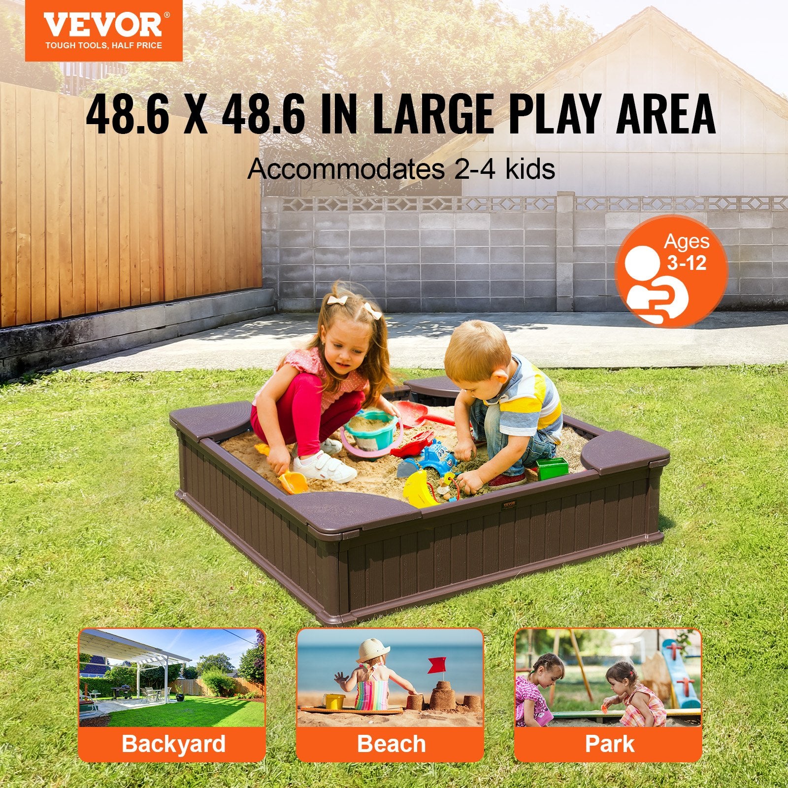 Sandbox with Cover, 48.6x48.6x12.4 in Square Sand Box, HDPE Sand Pit with 4 Corner Seating and Bottom Liner, V952-SXSLFXJCK000BU65WV0