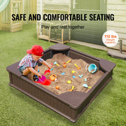 Sandbox with Cover, 48.6x48.6x12.4 in Square Sand Box, HDPE Sand Pit with 4 Corner Seating and Bottom Liner, V952-SXSLFXJCK000BU65WV0