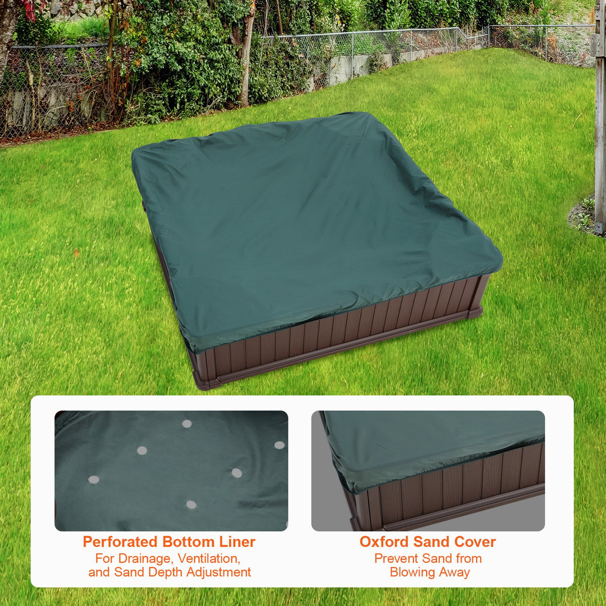 Sandbox with Cover, 48.6x48.6x12.4 in Square Sand Box, HDPE Sand Pit with 4 Corner Seating and Bottom Liner, V952-SXSLFXJCK000BU65WV0