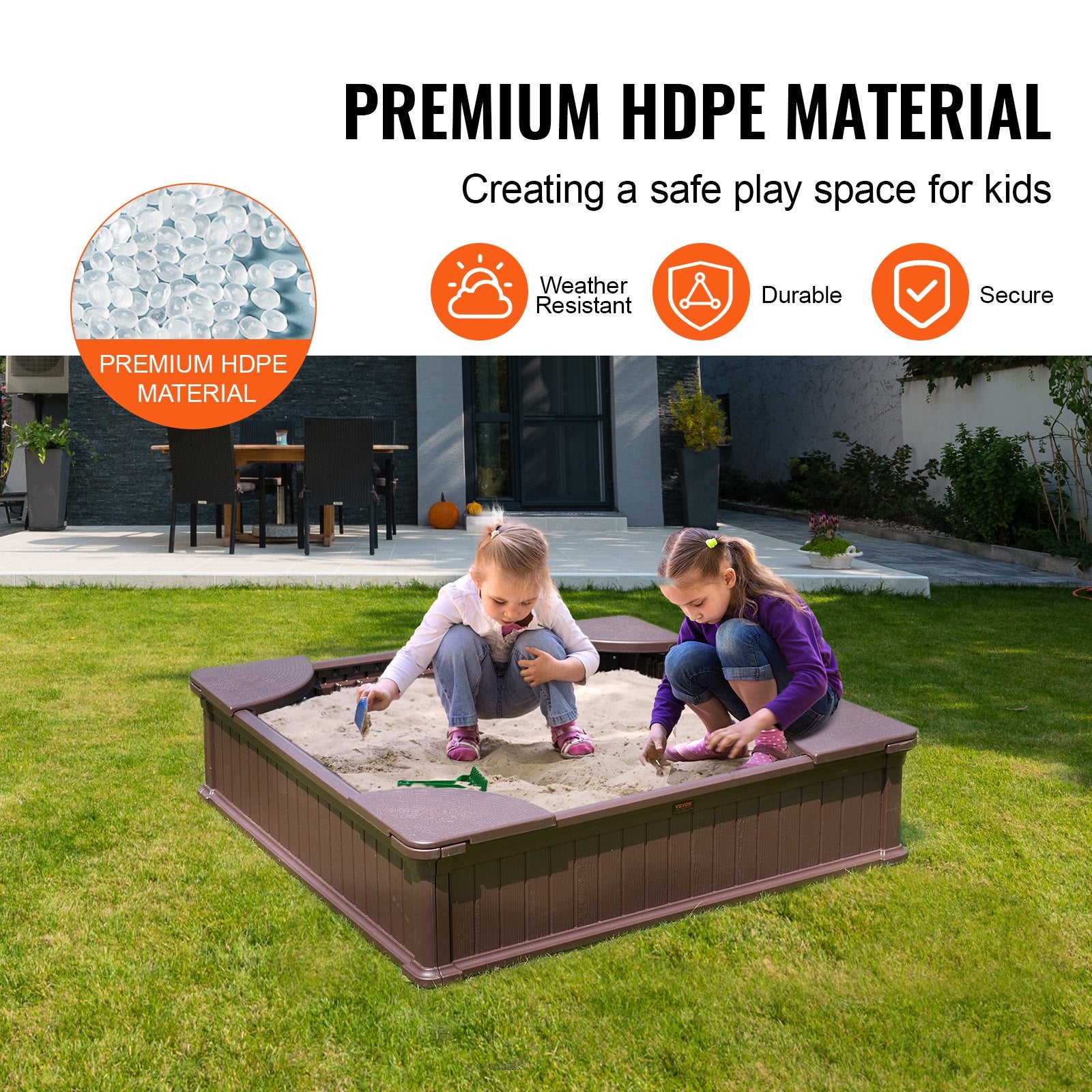 Sandbox with Cover, 48.6x48.6x12.4 in Square Sand Box, HDPE Sand Pit with 4 Corner Seating and Bottom Liner, V952-SXSLFXJCK000BU65WV0