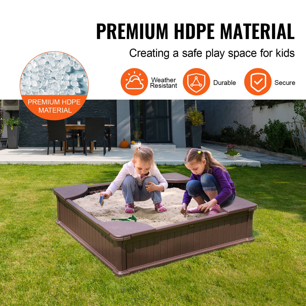 Sandbox with Cover, 48.6x48.6x12.4 in Square Sand Box, HDPE Sand Pit with 4 Corner Seating and Bottom Liner, V952-SXSLFXJCK000BU65WV0
