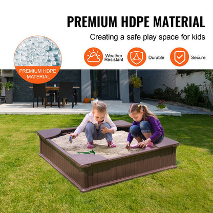 Sandbox with Cover, 48.6x48.6x12.4 in Square Sand Box, HDPE Sand Pit with 4 Corner Seating and Bottom Liner, V952-SXSLFXJCK000BU65WV0