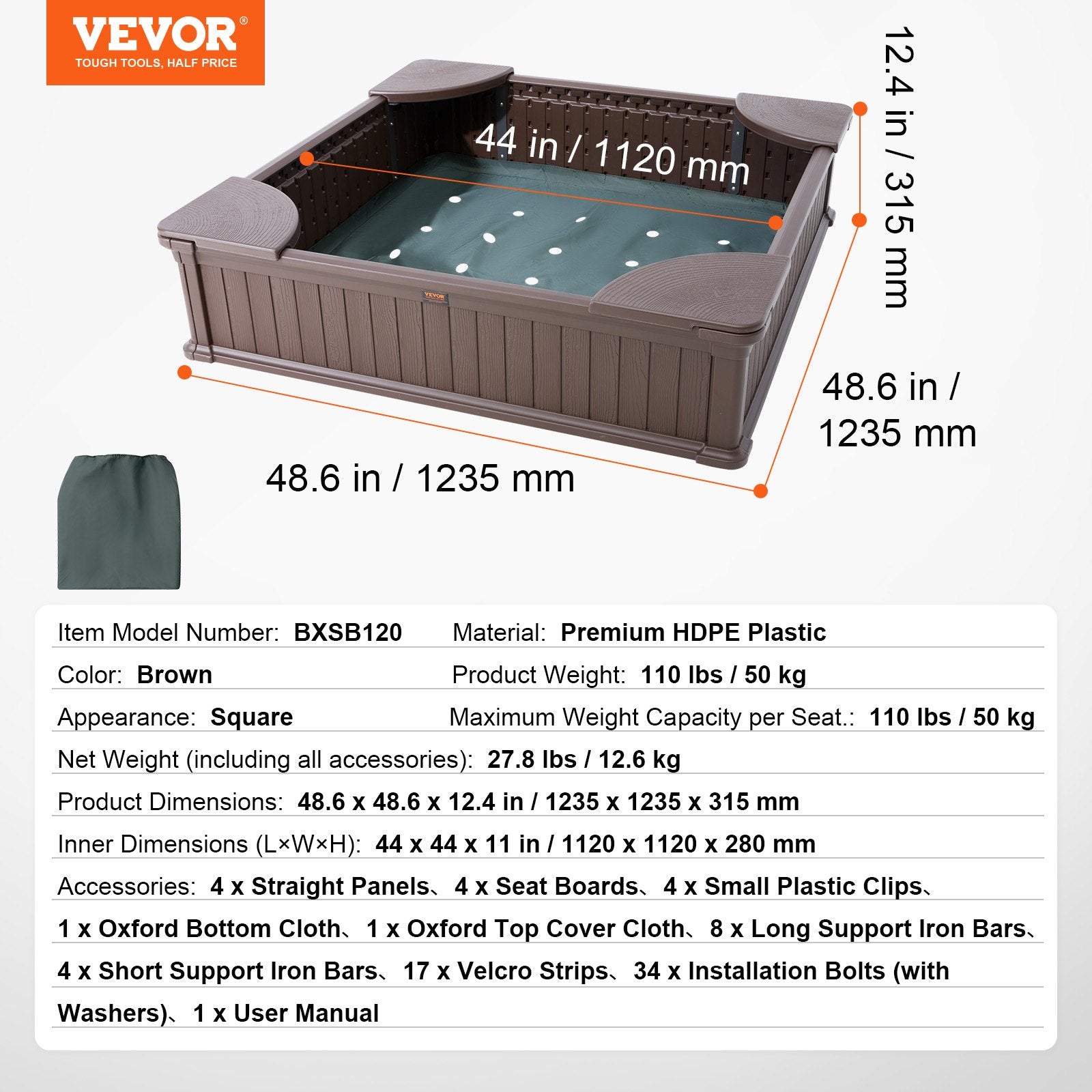 Sandbox with Cover, 48.6x48.6x12.4 in Square Sand Box, HDPE Sand Pit with 4 Corner Seating and Bottom Liner, V952-SXSLFXJCK000BU65WV0