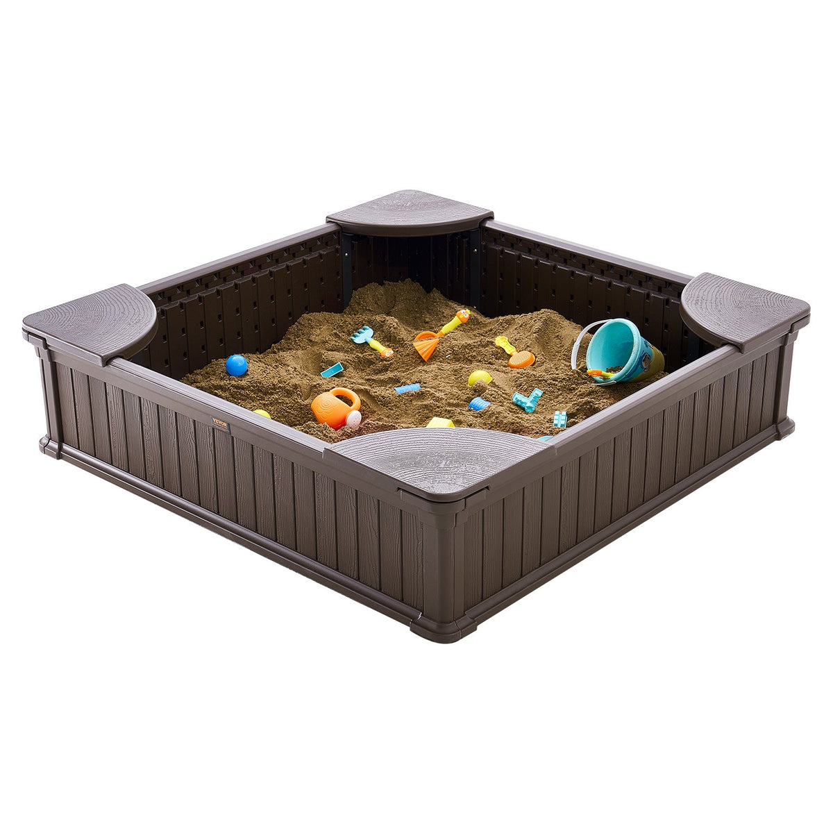 Sandbox with Cover, 48.6x48.6x12.4 in Square Sand Box, HDPE Sand Pit with 4 Corner Seating and Bottom Liner, V952-SXSLFXJCK000BU65WV0