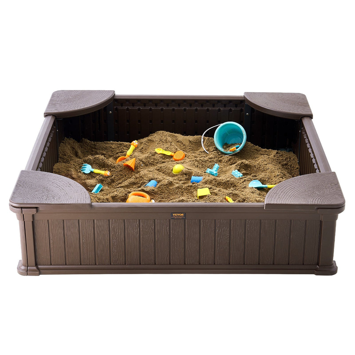 Sandbox with Cover, 48.6x48.6x12.4 in Square Sand Box, HDPE Sand Pit with 4 Corner Seating and Bottom Liner, V952-SXSLFXJCK000BU65WV0