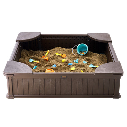 Sandbox with Cover, 48.6x48.6x12.4 in Square Sand Box, HDPE Sand Pit with 4 Corner Seating and Bottom Liner, V952-SXSLFXJCK000BU65WV0