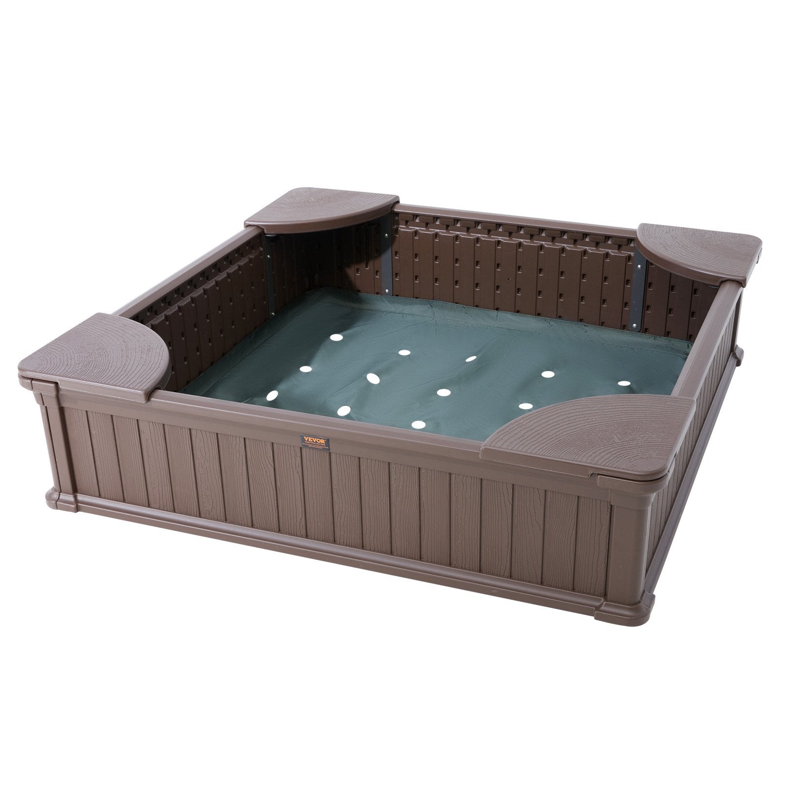 Sandbox with Cover, 48.6x48.6x12.4 in Square Sand Box, HDPE Sand Pit with 4 Corner Seating and Bottom Liner, V952-SXSLFXJCK000BU65WV0