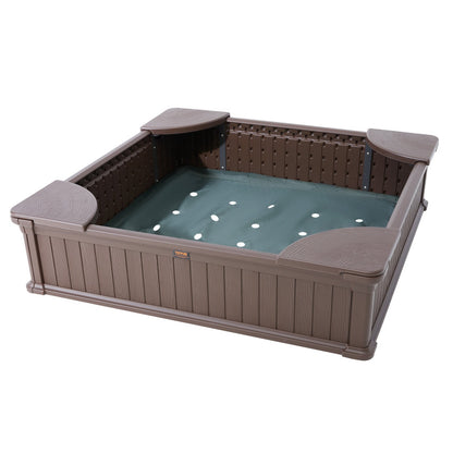 Sandbox with Cover, 48.6x48.6x12.4 in Square Sand Box, HDPE Sand Pit with 4 Corner Seating and Bottom Liner, V952-SXSLFXJCK000BU65WV0