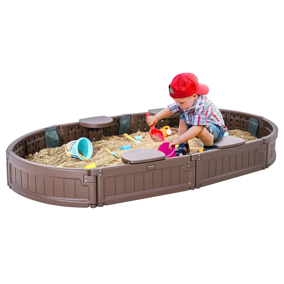 Sandbox with Cover, 72 x 41.5 x 9.1 in Oval Sand Box, HDPE Sand Pit with 4 Corner Seating and Bottom Liner, V952-SXSLTYXJCK00EEGPJV0