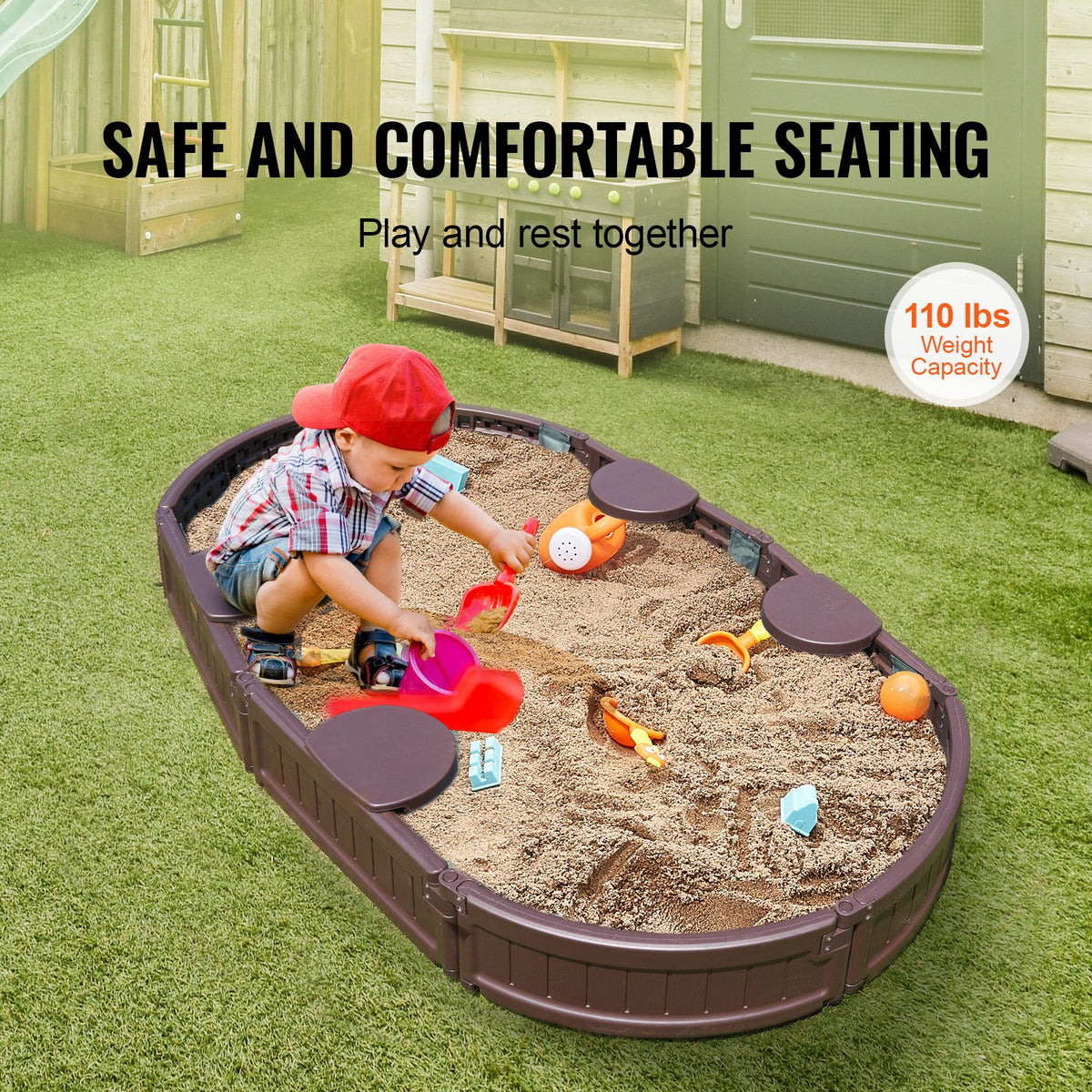 Sandbox with Cover, 72 x 41.5 x 9.1 in Oval Sand Box, HDPE Sand Pit with 4 Corner Seating and Bottom Liner, V952-SXSLTYXJCK00EEGPJV0