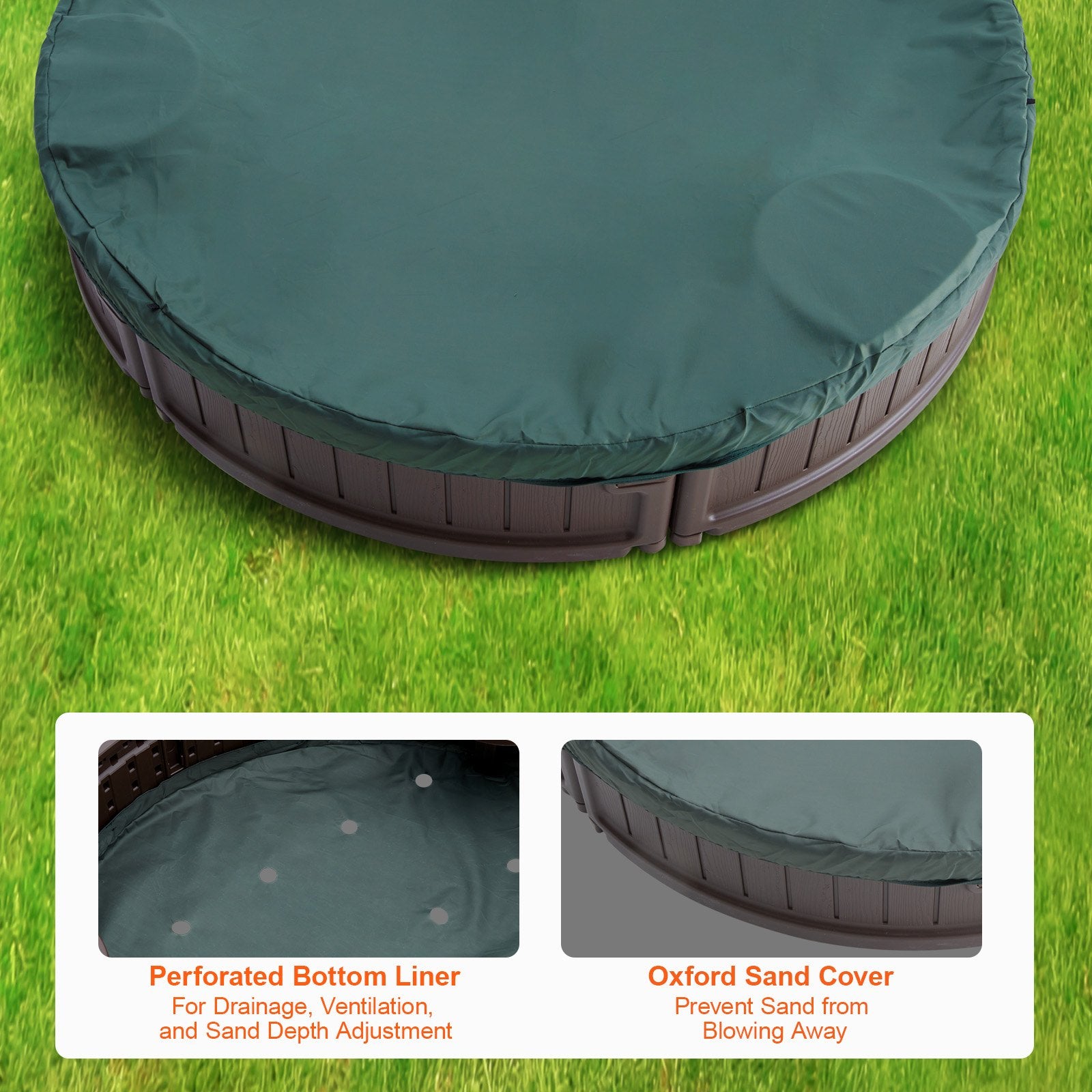 Sandbox with Cover, 72 x 41.5 x 9.1 in Oval Sand Box, HDPE Sand Pit with 4 Corner Seating and Bottom Liner, V952-SXSLTYXJCK00EEGPJV0