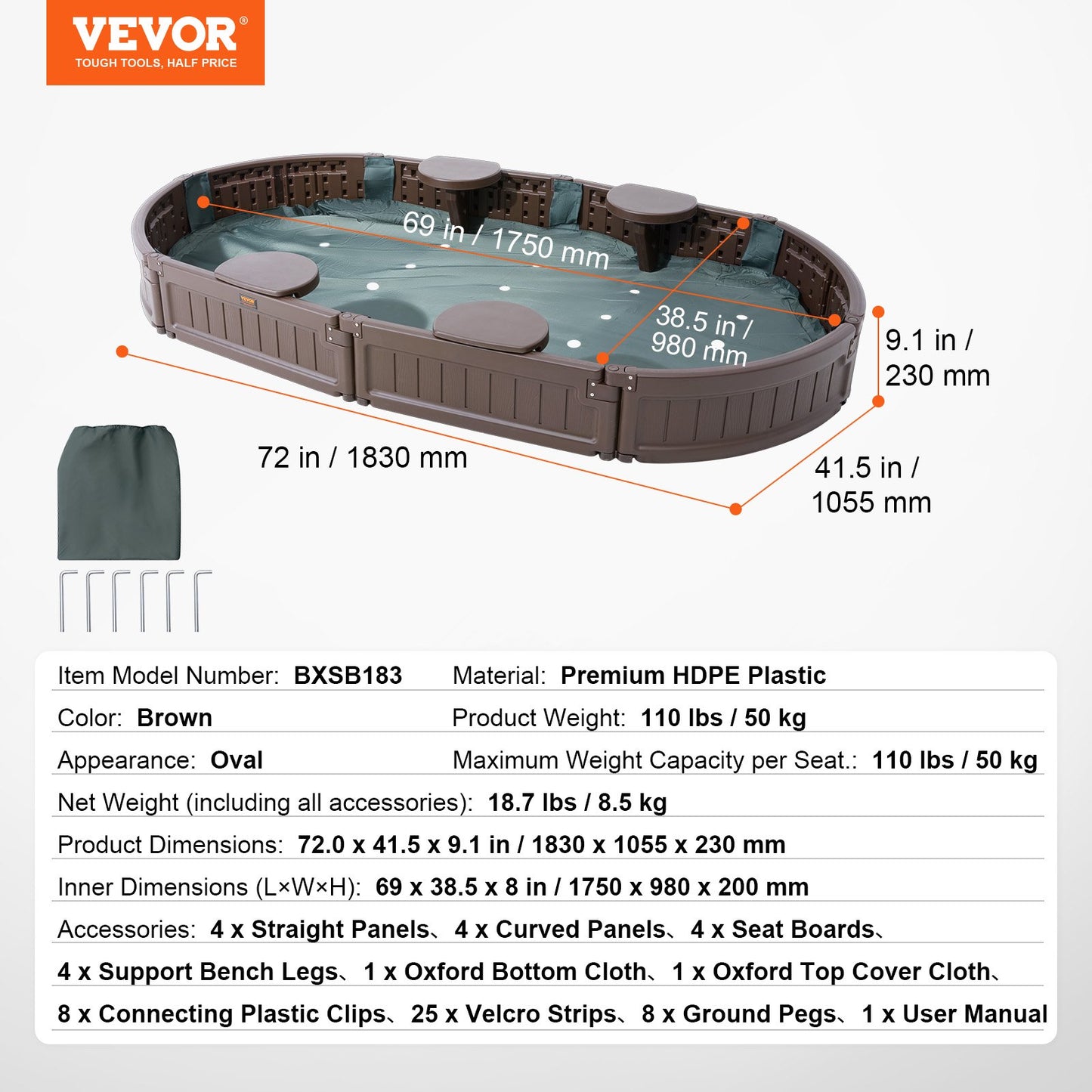 Sandbox with Cover, 72 x 41.5 x 9.1 in Oval Sand Box, HDPE Sand Pit with 4 Corner Seating and Bottom Liner, V952-SXSLTYXJCK00EEGPJV0
