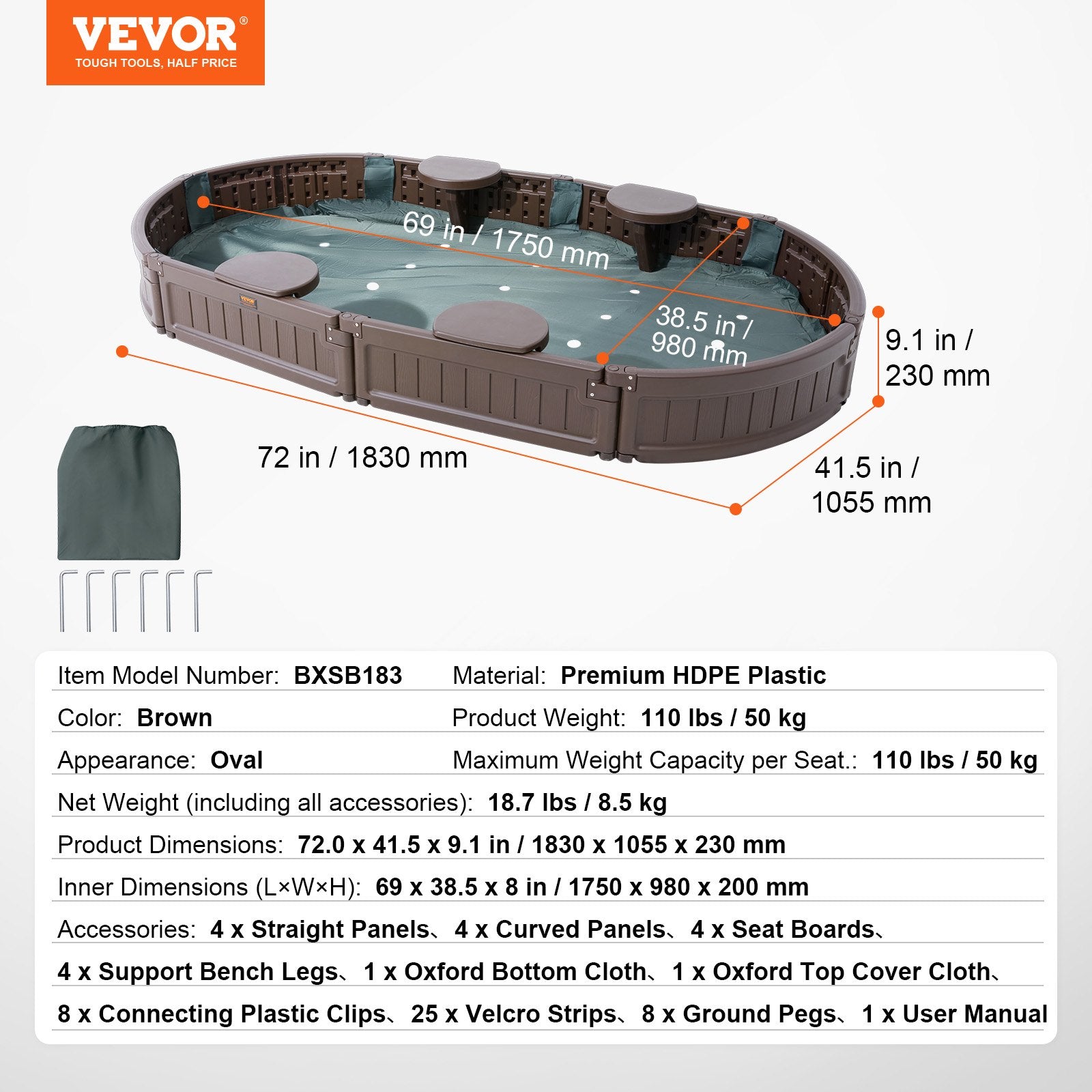 Sandbox with Cover, 72 x 41.5 x 9.1 in Oval Sand Box, HDPE Sand Pit with 4 Corner Seating and Bottom Liner, V952-SXSLTYXJCK00EEGPJV0