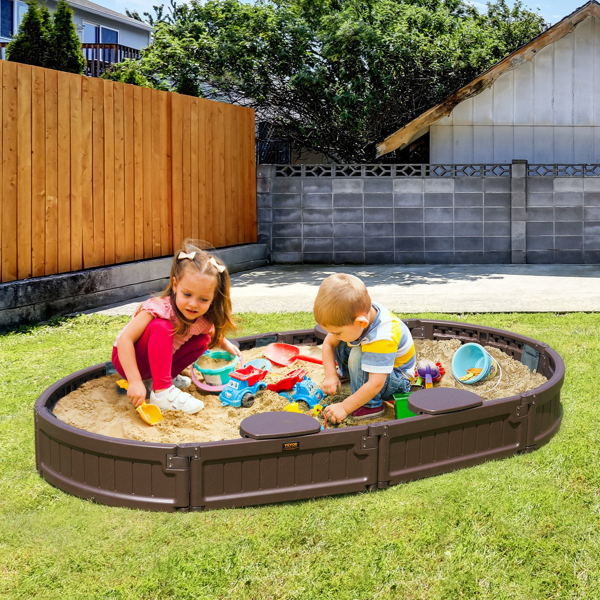 Sandbox with Cover, 72 x 41.5 x 9.1 in Oval Sand Box, HDPE Sand Pit with 4 Corner Seating and Bottom Liner, V952-SXSLTYXJCK00EEGPJV0