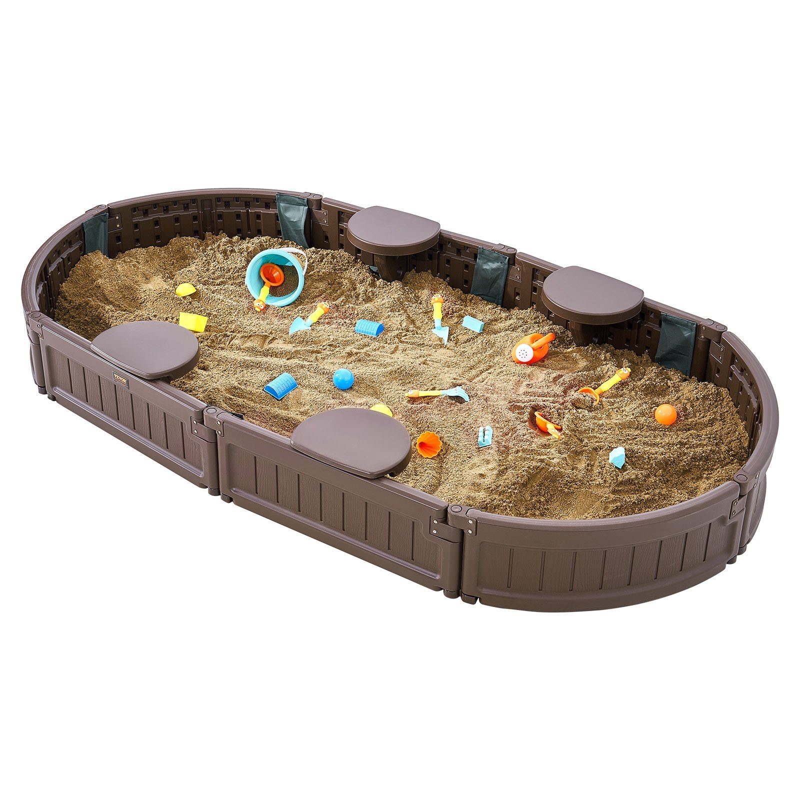 Sandbox with Cover, 72 x 41.5 x 9.1 in Oval Sand Box, HDPE Sand Pit with 4 Corner Seating and Bottom Liner, V952-SXSLTYXJCK00EEGPJV0