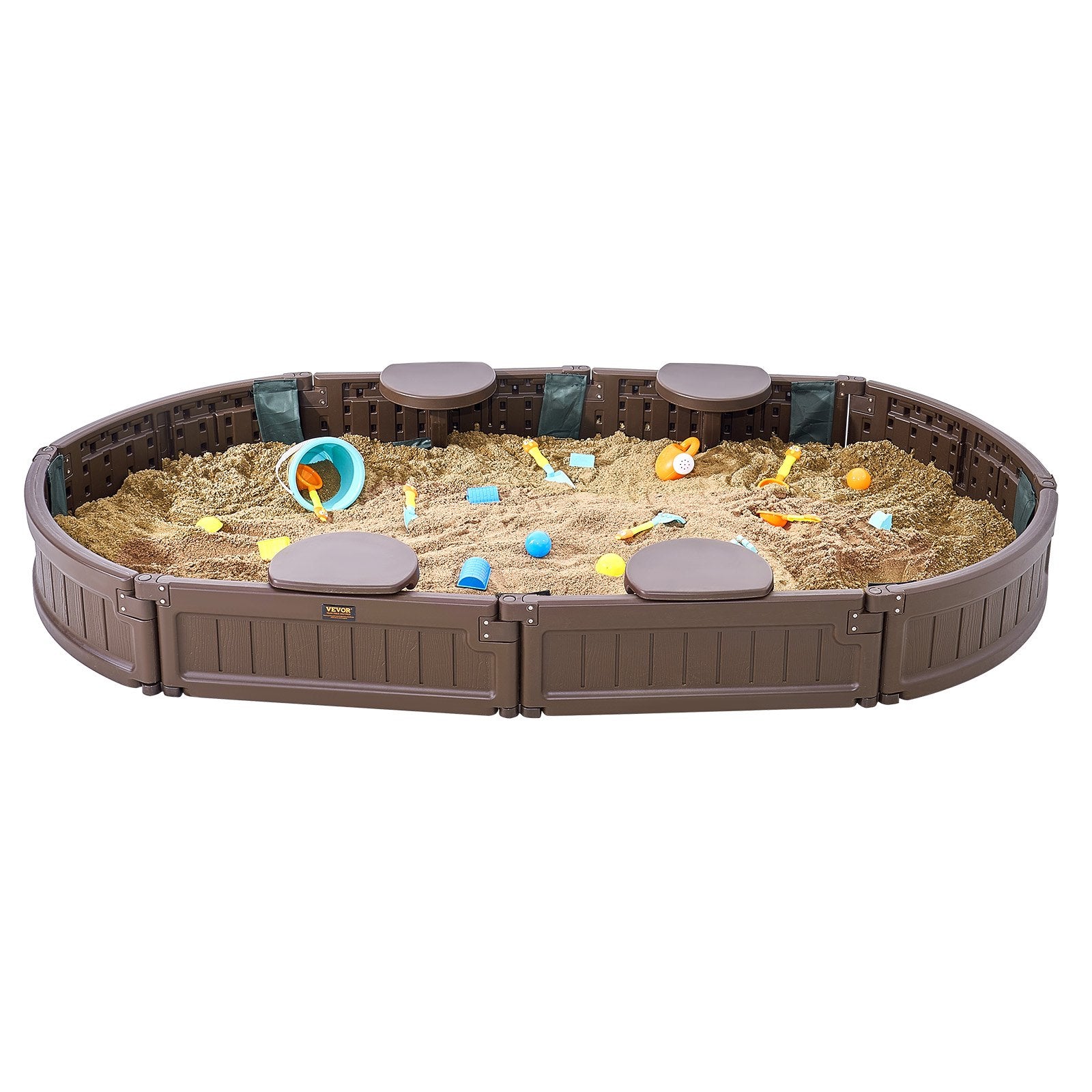 Sandbox with Cover, 72 x 41.5 x 9.1 in Oval Sand Box, HDPE Sand Pit with 4 Corner Seating and Bottom Liner, V952-SXSLTYXJCK00EEGPJV0