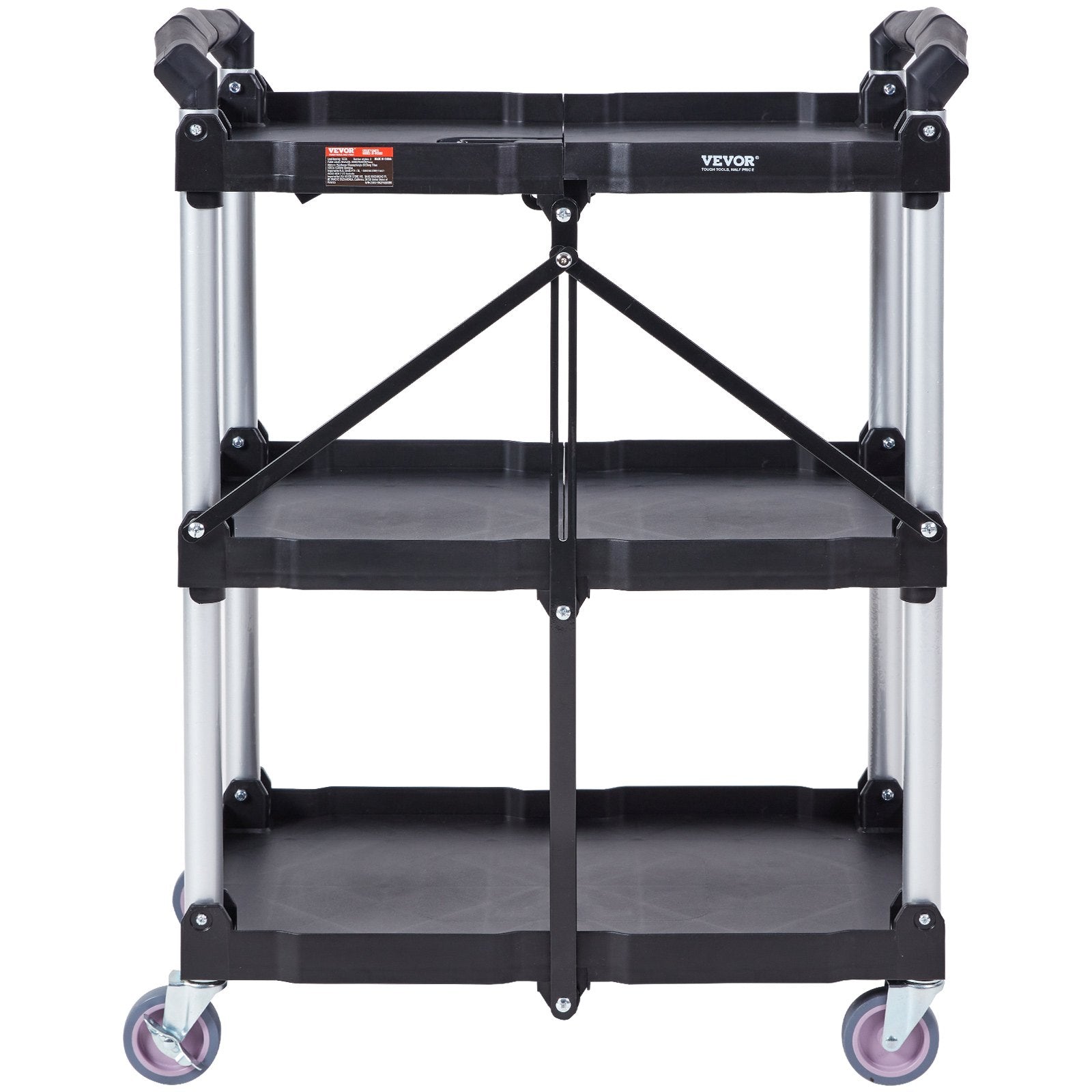 Foldable Utility Service Cart, 3 Shelf 165LBS Heavy Duty Plastic Rolling Cart with Lockable Wheels, Ergonomic V952-SXSYTCSXCDPM3XOD4V0