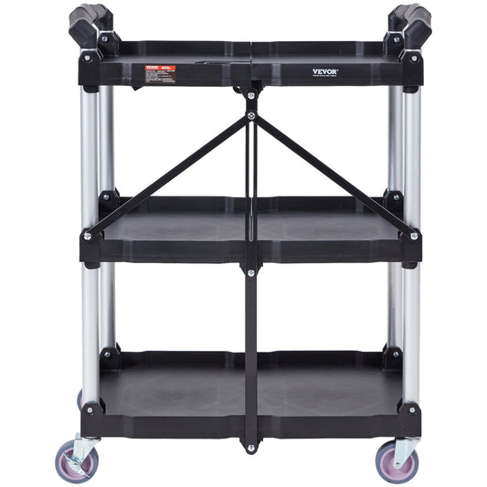Foldable Utility Service Cart, 3 Shelf 165LBS Heavy Duty Plastic Rolling Cart with Lockable Wheels, Ergonomic V952-SXSYTCSXCDPM3XOD4V0