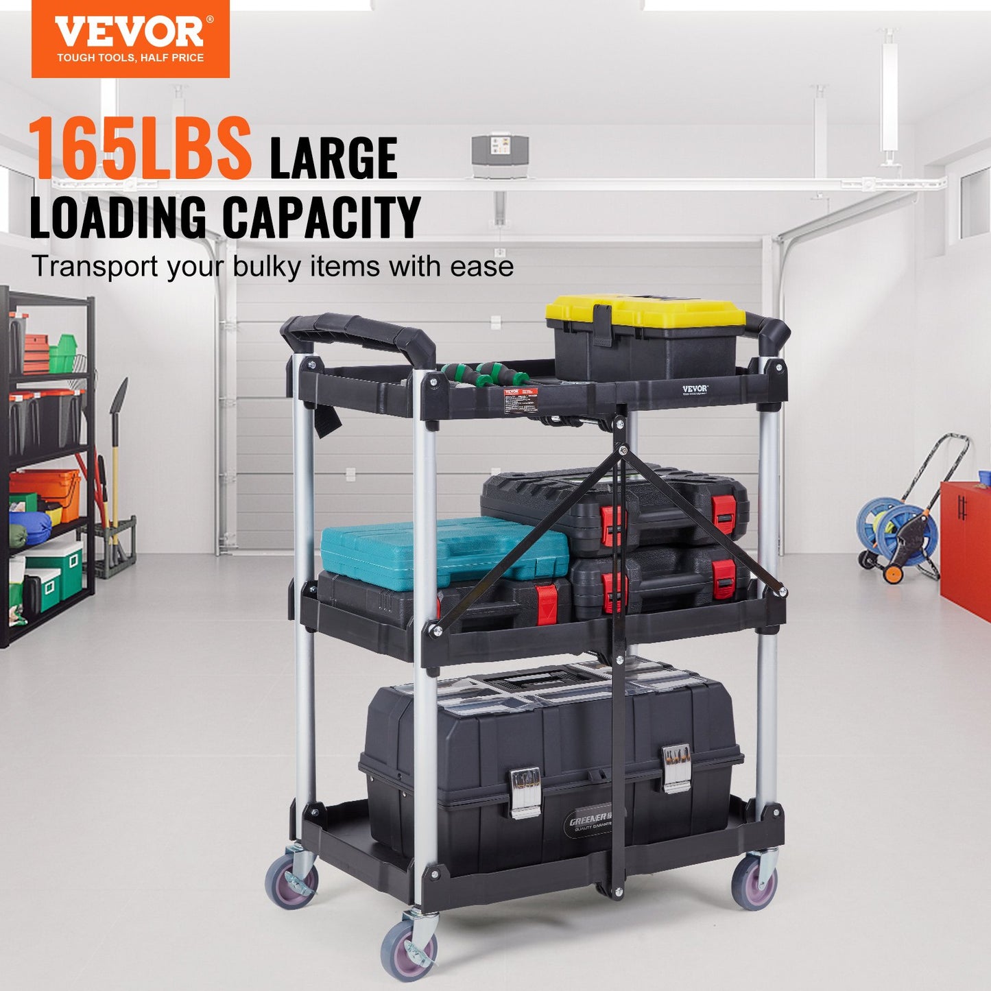 Foldable Utility Service Cart, 3 Shelf 165LBS Heavy Duty Plastic Rolling Cart with Lockable Wheels, Ergonomic V952-SXSYTCSXCDPM3XOD4V0