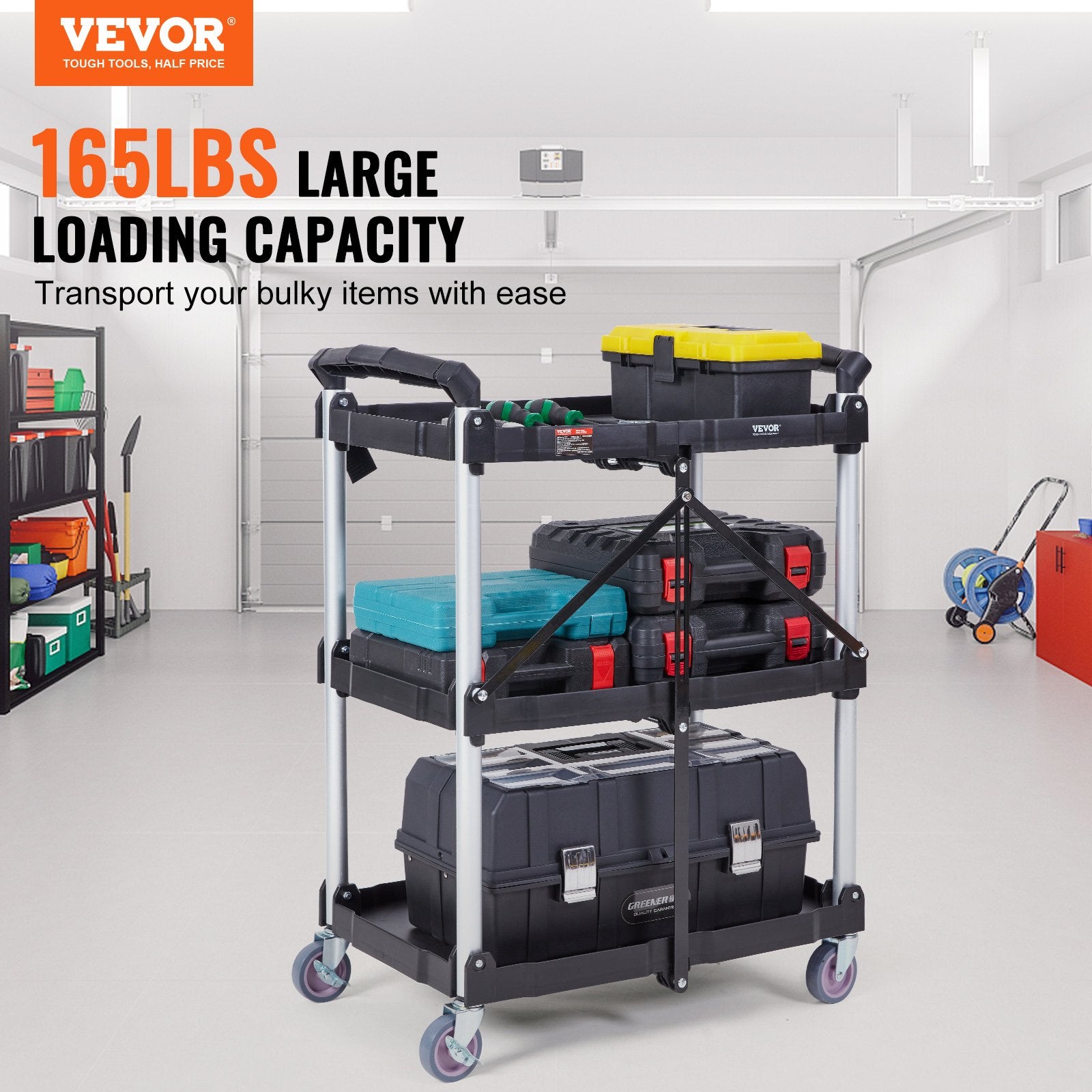 Foldable Utility Service Cart, 3 Shelf 165LBS Heavy Duty Plastic Rolling Cart with Lockable Wheels, Ergonomic V952-SXSYTCSXCDPM3XOD4V0