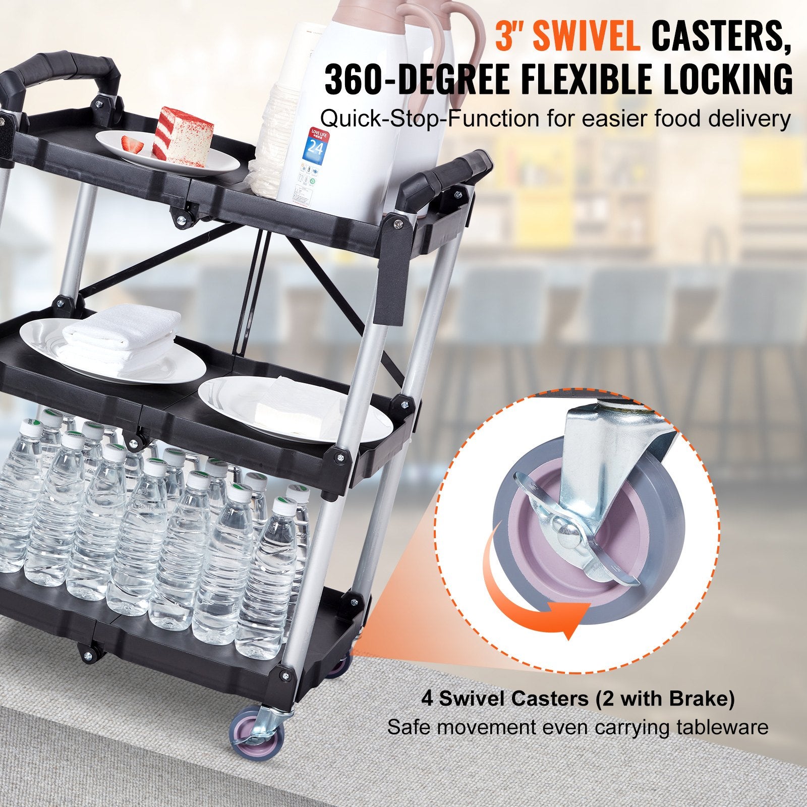 Foldable Utility Service Cart, 3 Shelf 165LBS Heavy Duty Plastic Rolling Cart with Lockable Wheels, Ergonomic V952-SXSYTCSXCDPM3XOD4V0