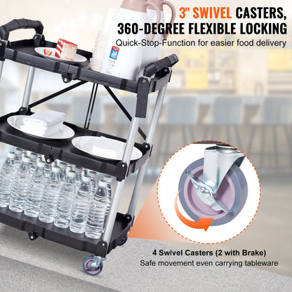 Foldable Utility Service Cart, 3 Shelf 165LBS Heavy Duty Plastic Rolling Cart with Lockable Wheels, Ergonomic V952-SXSYTCSXCDPM3XOD4V0