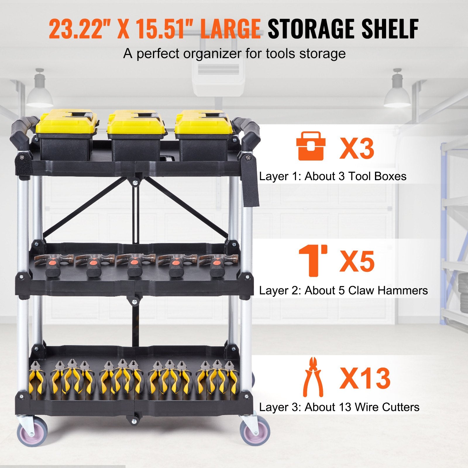 Foldable Utility Service Cart, 3 Shelf 165LBS Heavy Duty Plastic Rolling Cart with Lockable Wheels, Ergonomic V952-SXSYTCSXCDPM3XOD4V0