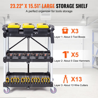 Foldable Utility Service Cart, 3 Shelf 165LBS Heavy Duty Plastic Rolling Cart with Lockable Wheels, Ergonomic V952-SXSYTCSXCDPM3XOD4V0