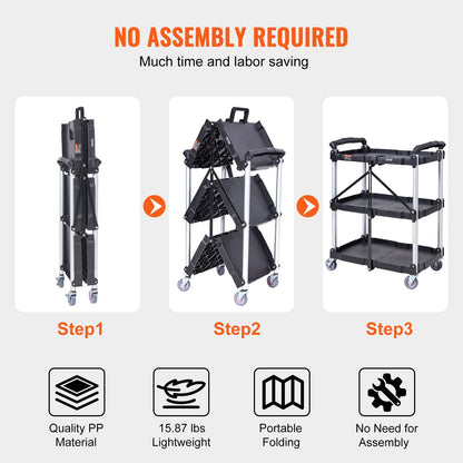 Foldable Utility Service Cart, 3 Shelf 165LBS Heavy Duty Plastic Rolling Cart with Lockable Wheels, Ergonomic V952-SXSYTCSXCDPM3XOD4V0