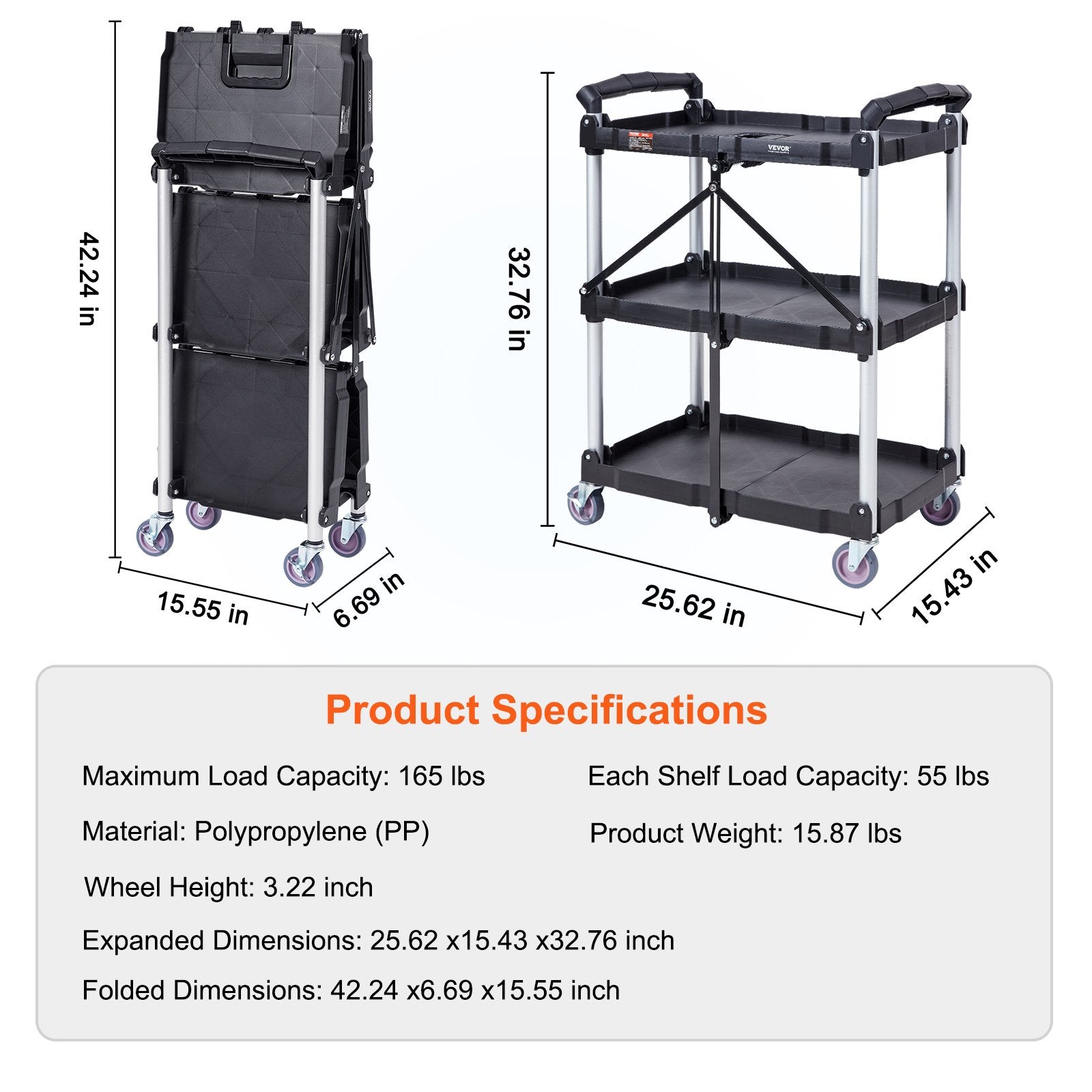 Foldable Utility Service Cart, 3 Shelf 165LBS Heavy Duty Plastic Rolling Cart with Lockable Wheels, Ergonomic V952-SXSYTCSXCDPM3XOD4V0