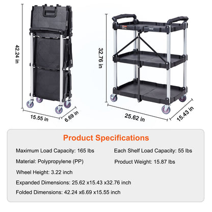 Foldable Utility Service Cart, 3 Shelf 165LBS Heavy Duty Plastic Rolling Cart with Lockable Wheels, Ergonomic V952-SXSYTCSXCDPM3XOD4V0