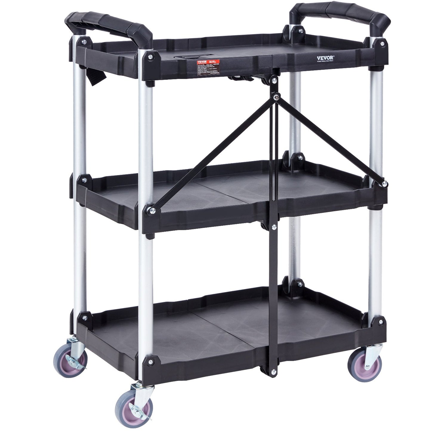 Foldable Utility Service Cart, 3 Shelf 165LBS Heavy Duty Plastic Rolling Cart with Lockable Wheels, Ergonomic V952-SXSYTCSXCDPM3XOD4V0