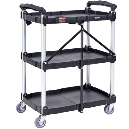 Foldable Utility Service Cart, 3 Shelf 165LBS Heavy Duty Plastic Rolling Cart with Lockable Wheels, Ergonomic V952-SXSYTCSXCDPM3XOD4V0