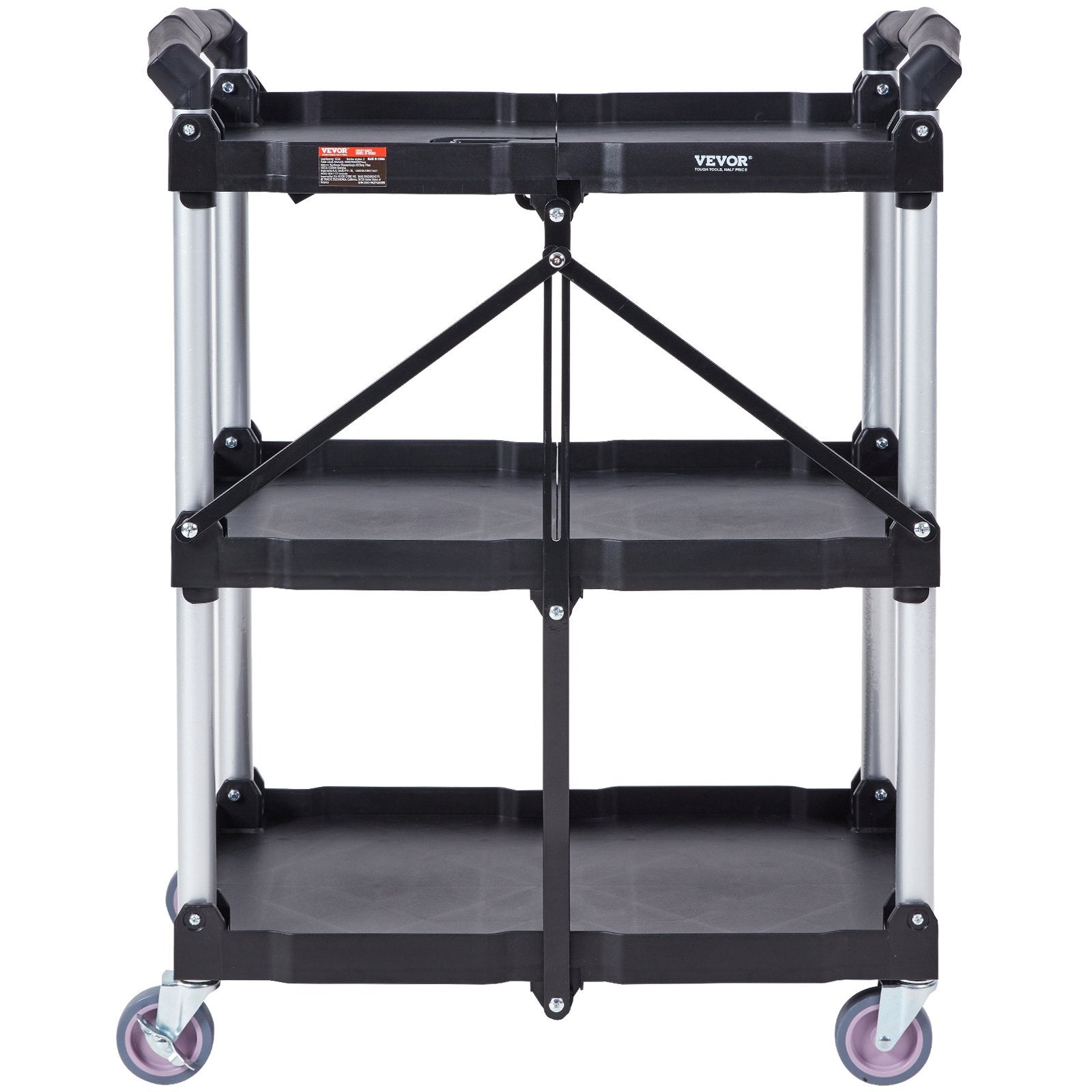 Foldable Utility Service Cart, 3 Shelf 165LBS Heavy Duty Plastic Rolling Cart with Lockable Wheels, Ergonomic V952-SXSYTCSXCDPM3XOD4V0