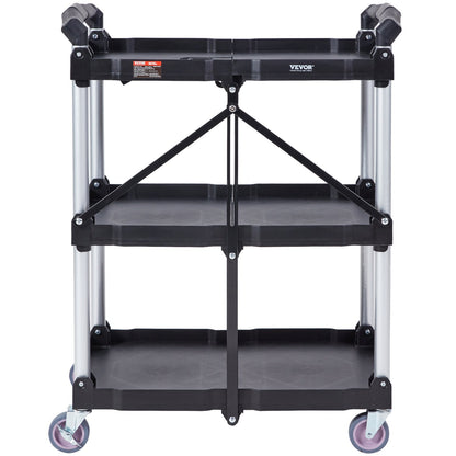 Foldable Utility Service Cart, 3 Shelf 165LBS Heavy Duty Plastic Rolling Cart with Lockable Wheels, Ergonomic V952-SXSYTCSXCDPM3XOD4V0