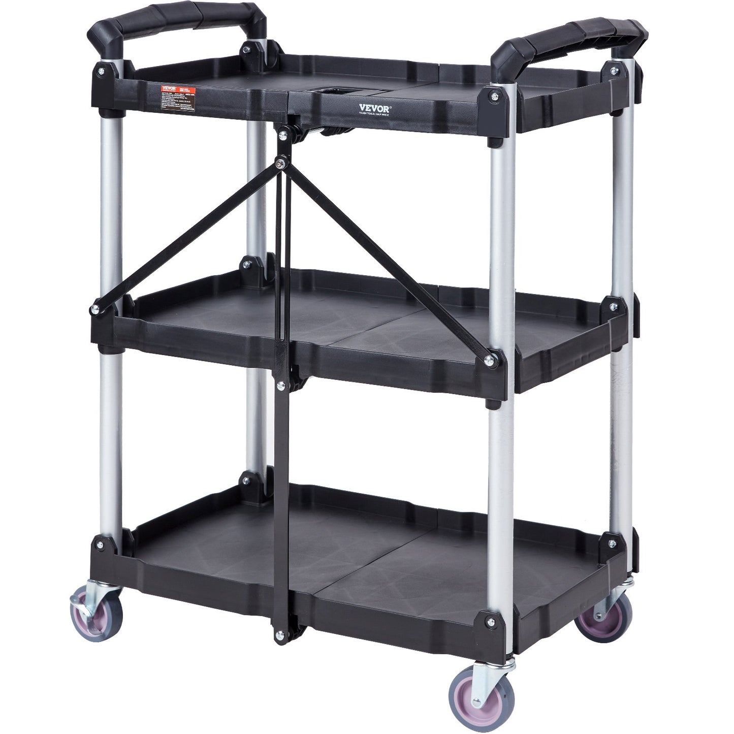 Foldable Utility Service Cart, 3 Shelf 165LBS Heavy Duty Plastic Rolling Cart with Lockable Wheels, Ergonomic V952-SXSYTCSXCDPM3XOD4V0